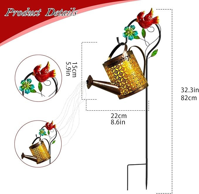Solar Metal Watering Can with Cardinal Shepherd Hook and Cascading Lights - Outdoor Solar Lantern for Garden, Yard, Patio - Christmas Decor and Gardening Gifts for Women