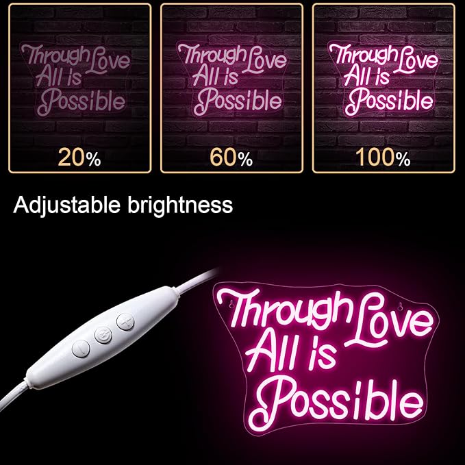 WLHOPE Through Love All is Possible Neon Sign Neon Signs for Wall Decor Dimmable Through Love All is Possible Pink Neon Lights LED Sign for Bedroom,Living Room,Bar,Party,Christmas,Birthday Gift