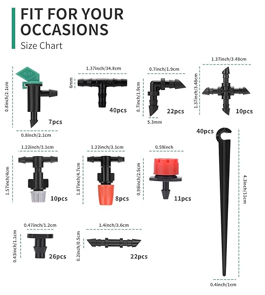 1/4 Drip Irrigation Fittings, 210 Pcs 1/4 Drip Irrigation Connectors Irrigation Fittings Kit for Flower Pot Garden Lawn (Spray,Micro Dripper,Straight Barbs,Tees,Elbows,End Plug,4-Way Coupling)
