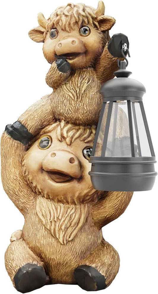 Highland Cow Statues with Solar Lights, Highland Cow Resin Figurine Lights, Highland Cow Ornaments for Patio, Balcony, Indoor Decoration and as Gifts