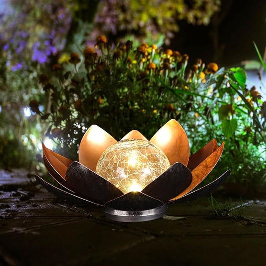 12 inches Solar Lights Outdoor Garden, Crackle Globe Glass Lotus Decoration, Waterproof LED Metal Flower Lights for Patio,Lawn,Walkway,Tabletop,Ground Gardening Gifts (Copper Color)