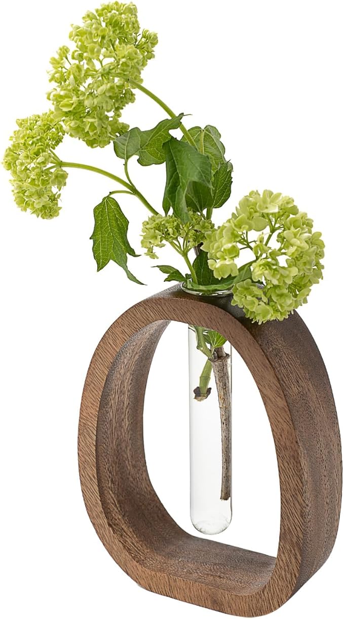 Modern Wooden Glass Test Tube Vase - Desk Plant Decor, Suitable for Home and Office Use