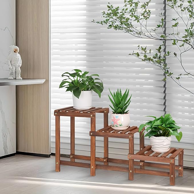 3 Tiers Plant Stand Indoor,Wood Plant Stands for Indoor Plants Multiple,Corner 3 Steps Ladder Plant Shelf High Low Flower Stand Planter Display Rack for Patio Balcony Living Room