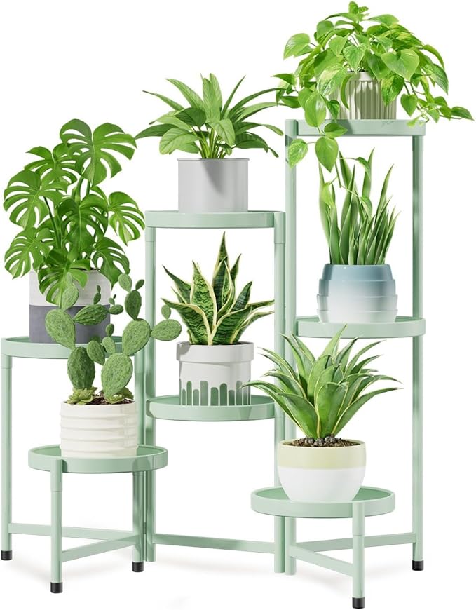 iDavosic.ly 7 Tier Large Plant Stand Indoor, 10 Inch Wide Tall Corner Metal Plant Stands Outdoor for Multiple Plants, Folding Tiered Flower Display Holder Rack Shelf, Light Green