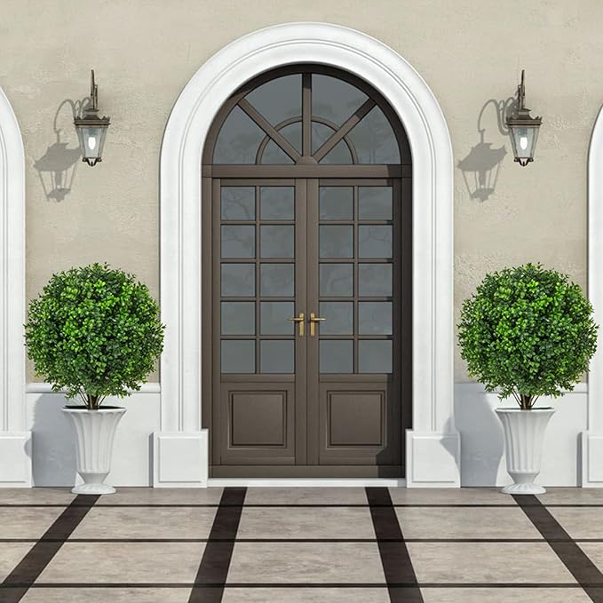 22" Artificial Boxwood Topiary Ball Trees with Ground Spike Set of 2 - UV Resistant Faux Green Shrubs & Bushes Potted Plants for Outdoor Indoor Front Porch Garden