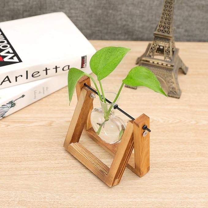 Kingbuy Terrarium with Wooden Stand, Desktop Propagation Station, Air Plant Holder, Metal Swivel Holder for Hydroponics, Home Garden, Wedding Decor - 1 Hearted Vase