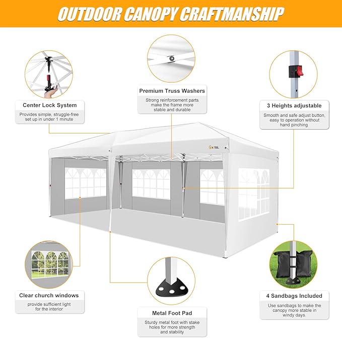 HOTEEL 10x20 Pop up Canopy with Sidewalls, One Push Outdoor Tents for Parties Waterproof Canopy Tent with Reinforce Rod, Easy Setup Event Tent with Sandbag for Backyard, Camping, Wedding, White