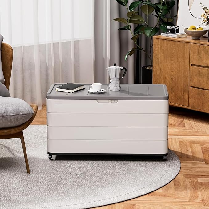 100GAL White Resin Deck Box with Wheels – Lockable, Waterproof, SGS-Tested UV Resistance, Spacious Outdoor Storage for Patio Cushions & Pool Gear, Easy Assembly