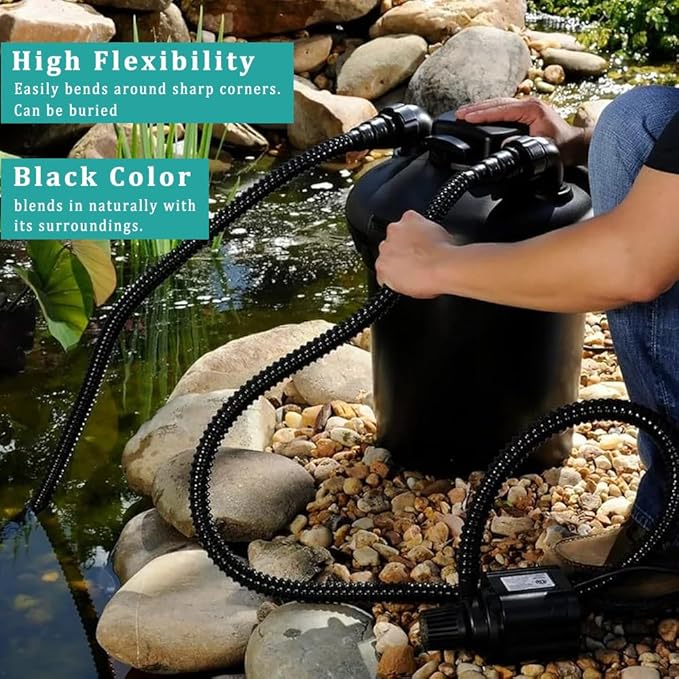 Pond Hose ID 2” × 25ft Black Corrugated Flexible Reinforced PVC Hose Vinyl Tubing for Pond Pump Fountain Garden Waterfall, Non-toxic & Kinkproof, with 2 clamps