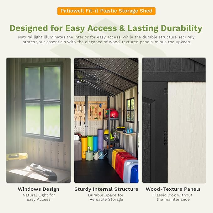 Patiowell 8 x 8 FT Resin Outdoor Storage Shed with Floor, Large Shed with Light and Lockable Door for Garden, Backyard, Tool Storage Use, Easy to Install in Beige (Kick-it Shed)