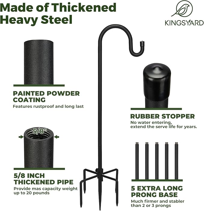 Kingsyard 2 Pack Adjustable Shepherd Hooks for Outdoor - 92 INCH Heavy Duty Bird Feeder Pole with 5 Prong Base, Hummingbird Feeder Stand, Garden Plant Baskets, Weddings Decor, Solar Light Lanterns