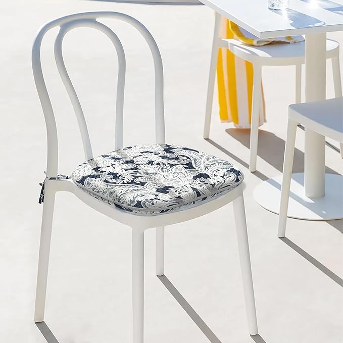 Indoor/Outdoor Chair Cushions 16x17 Inch, Patio Chair Cushions with Ties, All Weather Seat Cushions for Patio Furniture Home Garden Chair Use, Set of 4,Damask Lapis