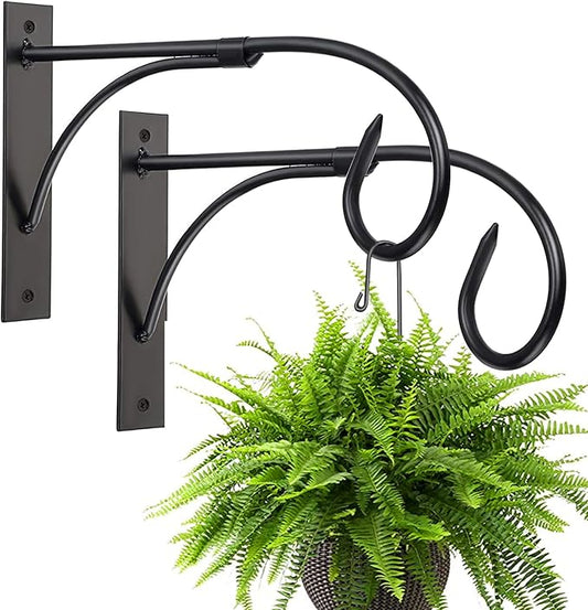 Iron Hanging Basket Brackets, 2 Pcs 11 Inch Durable Weather-Resistant Outdoor Plant Hooks for Hanging Plant Lantern Windchime Birdhouse Metal Sign Fruit Bracket, Screw Included