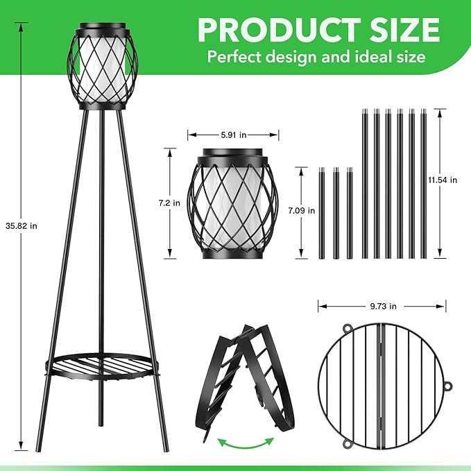 Solar Lights Outdoor Street Lights with Plant Stands 2 Pack, Solar Floor Lamp Metal Tripod Patio Lights for Garden Yard Pathway Driveway Front/Back Porch Decoration