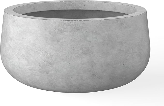 Kante 15.7" Dia Round Concrete Planter, Outdoor Indoor Garden Plant Pots with Drainage Hole and Rubber Plug, Modern Curvaceous Design, Natural Concrete