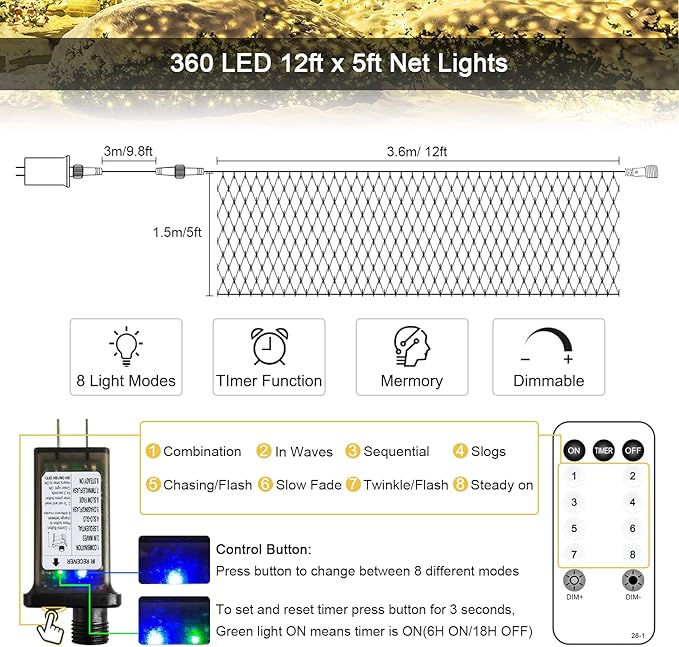 JMEXSUSS 360 LED Christmas Net Lights Outdoor Waterproof, Connectable 12ft x 5ft Net Lights Outdoor Mesh Lights with Remote, Plug in Warm White Net Lights for Bushes Shrubs Christmas Decorations