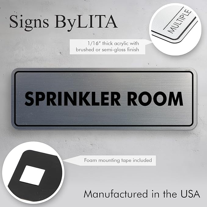Signs ByLITA Standard Sprinkler Room Sign (Black/Silver) - Large 2 Pack