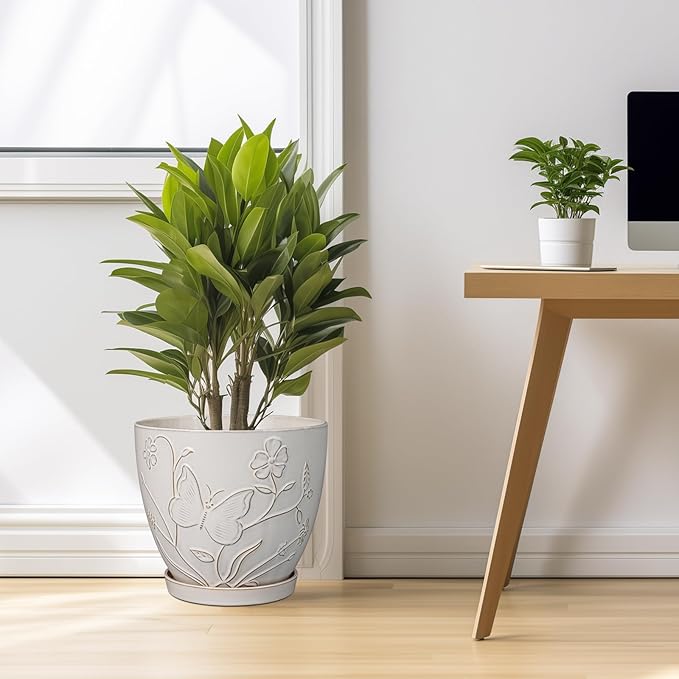 10 Inch Plant Pot Ceramic Planter Pot with Drainage Hole and Saucer Round Planter Large Flower Pot for Indoor Outdoor Plants Home Garden Decor White