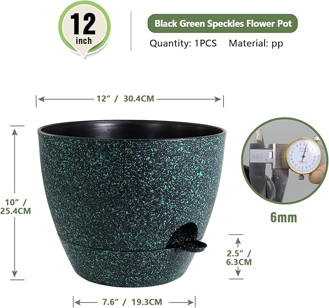 12 inch Large Self Watering Pots for Indoor Outdoor Plants, Flower Plant Pots with Mesh Drainage Holes for Garden House Plants, Plastic Planters for Home Plants, Black with Green Speckles