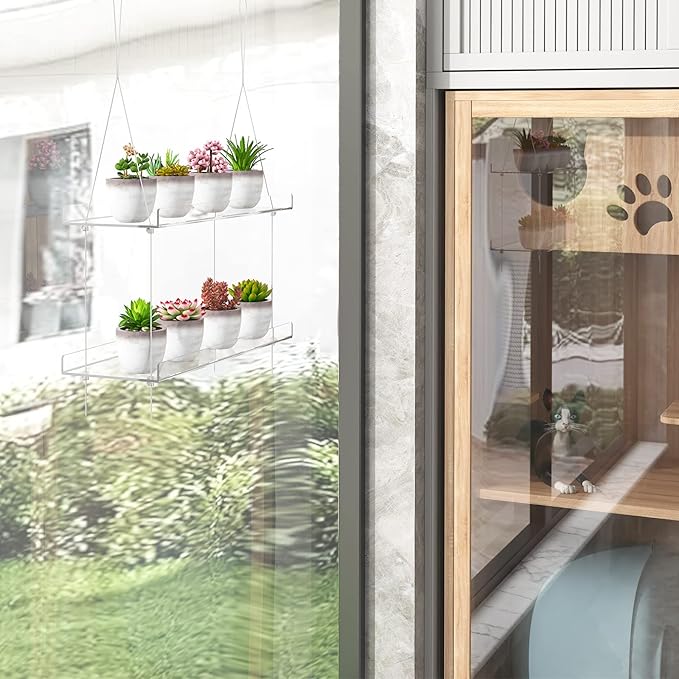 2-Tier Clear Hanging Window Plant Shelves 16inch,Indoor Windows Wall Hanging Plant Stand Flower Display,Flower Pot Organizer Storage for Window Grow Herbs,Microgreens,Succulents,Flower