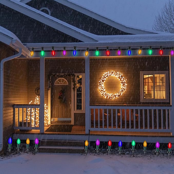 C9 LED Christmas Pathway Light, 38FT Multicolor Pathway Christmas Lights with 27 Multicolored Jumbo LED Bulbs, Connectable Christmas Walkway Lights for Lawn Walkway Lane Marker Lighting Decoration