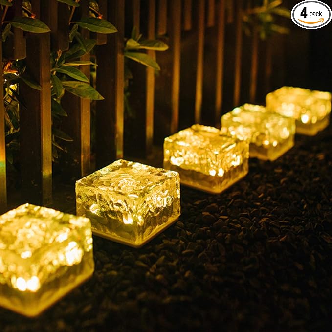 Epicgadget Solar Ice Cube Shaped Light, 2.8x2.8x2 inch Ice Cube Shaped Warm White Outdoor Solar Garden Decorative Lights for Walkway Pathway Backyard Christmas Decoration Parties (4 PCS)
