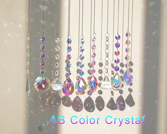KANPURA 9 PCS Crystal Rainbow Suncatchers, Hanging Crystals Sun Catchers with Chain for Windows, Colorful Suncatcher Prism Pendant Hanging Crystals for Home Wedding Decor