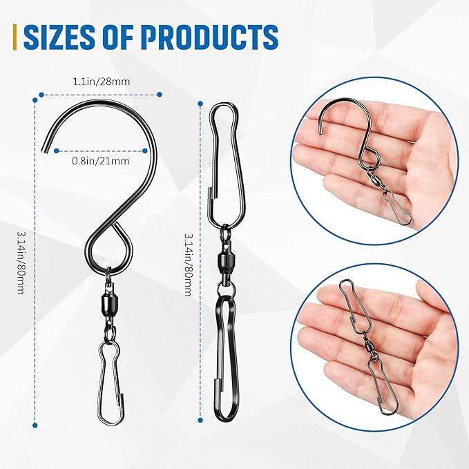 Jetec Wind Spinner Swivel Hooks 360 Degree Dual Spinning Windsock Chime Supplies Hanger Swivels Clip Hanging Hooks with Storage Box for Wind Spinners Supply, 2 Styles (Black,30 Pieces)