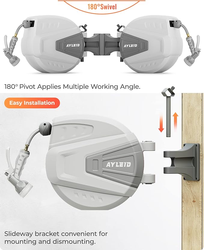 Ayleid Retractable Garden Hose Reel,1/2 in x 100 ft Wall Mounted Hose Reel, with 9- Function Sprayer Nozzle, Any Length Lock/Slow Return System/Wall Mounted/180°Swivel Bracket (Grey)