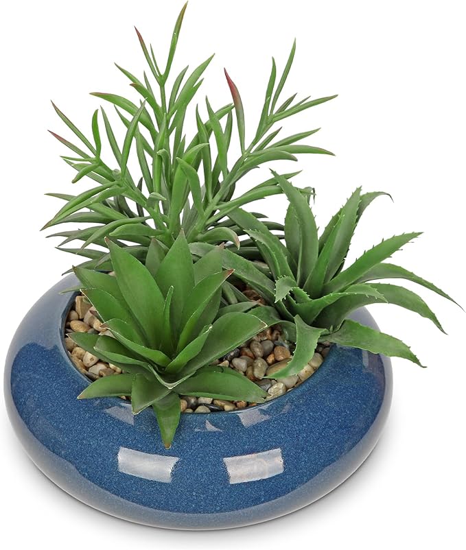 Hollyone Large Artificial Succulents Plants with Blue Vase Faux Succulents Fake Succulent Potted Plant in Ceramic Pot for Home Decor Office Desk Bathroom Living Room Indoor & Outdoor Decorations