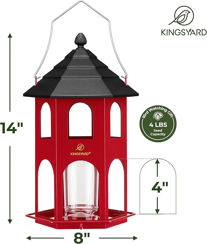 Kingsyard Metal Bird Feeder for Outdoor Hanging, Wild Bird Feeders with Circular Perch, Easy to Clean & Refill, 4 lbs Large Seed Capacity, Red