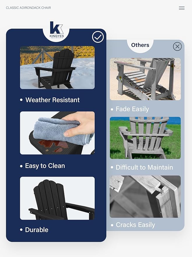 KINGYES HDPE Adirondack Chair, Classic All-Weather Adirondack Chair Set of 6, Black