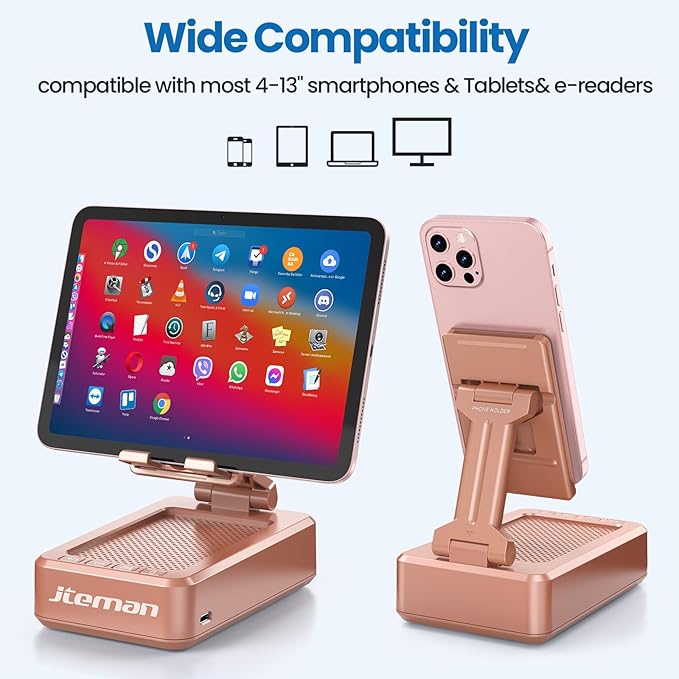 Jteman Portable Phone Stand with Speaker Bluetooth Wireless,Gifts for Men Women,Birthday for Women Men,Kitchen Gadgets for Men,Phone Holder for Desk - Rose Gold
