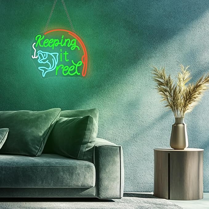 Keeping It Reel Neon Sign Fishing Themed LED Wall Decor for Man Caves, Tackle Shops & Lake Houses, USB-Powered Adjustable Brightness, Angler-Themed Decoration