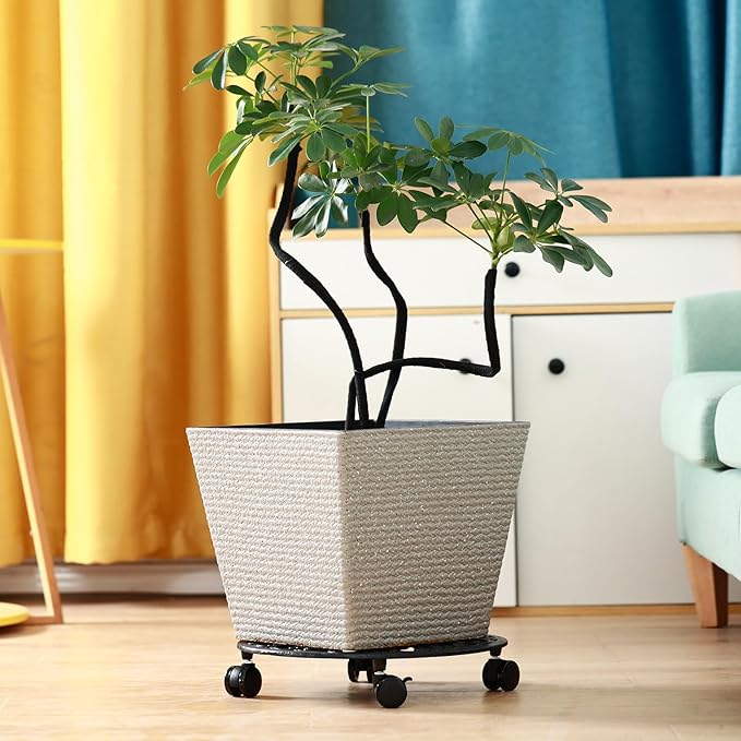 2 Packs 14 Inch Rolling Plant Stand with Wheels Metal Plant Caddy with Wheels Heavy Duty Round Plant Stand Indoor Iron Plants Rollers for Plants, Plant Dolly with Plant Saucers
