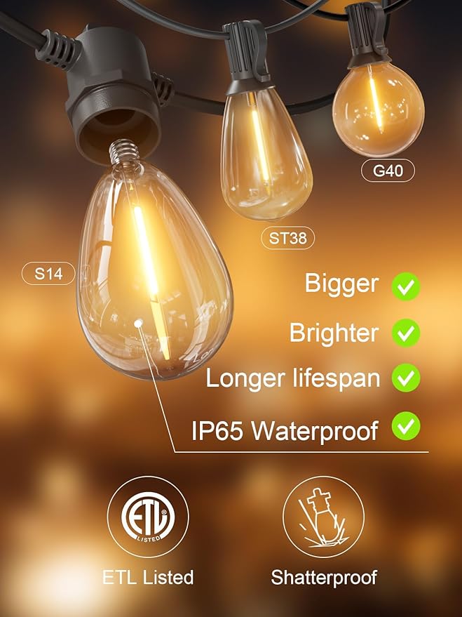 Svater Outdoor String Lights 100 FT, Patio Light for Outside with Shatterproof Bulbs, Waterproof LED Hanging Lights for Cafe Backyard Bistro Party, Warm White