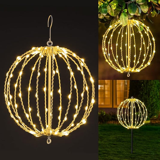 Hotelstar 96LED Foldable Light Sphere - 12IN Hanging, Pathway & Tree Light with Hook & Stake for Outdoor Garden, UL Listed, White Metal Frame, Warm White Light