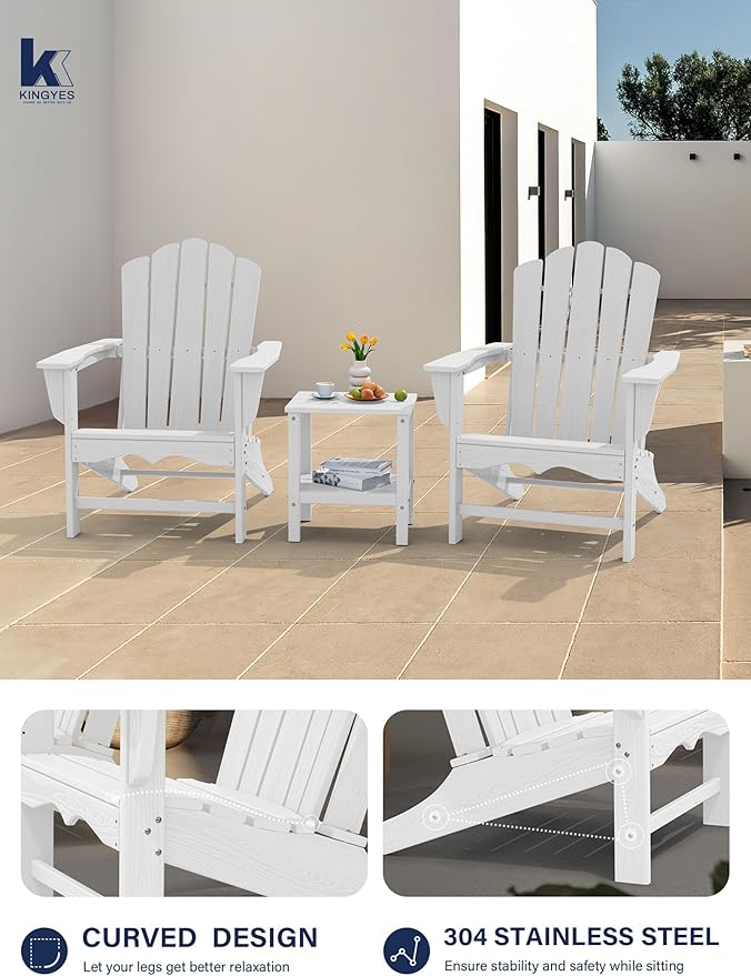 KINGYES HDPE Adirondack Chair, Classic All-Weather Outdoor Patio Adirondack Chair, White