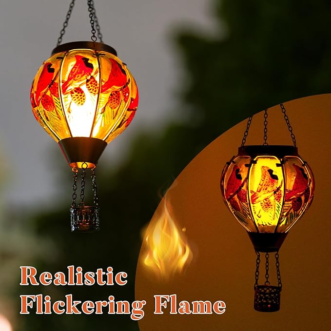 2 PCS Cardinal Solar Hot Air Balloon Lantern with Flame, Glass Balloon Lantern Outdoor Waterproof, Hanging Hot Air Balloon Solar Light, Cardinal Gifts for Mom Woman