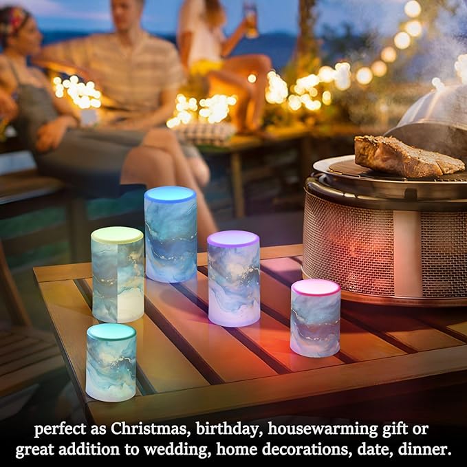 Flickering Flameless Candles, Marble Navy Blue LED Candles with Remote Timer, Set of 2 Battery Operated Candle for Valentine Wedding Birthday