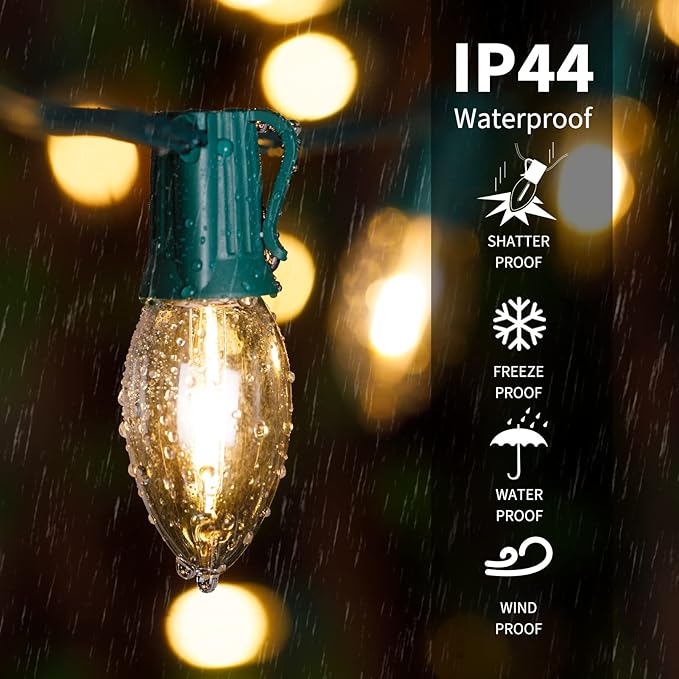Vintage C9 LED Christmas Lights, 100 Feet C9 String Lights with 100 LED C9 Plastic Bulbs, Waterproof Connectable Lights for Christmas Tree Roofline Garden Patio Backyard Cafe Decor, Warm White