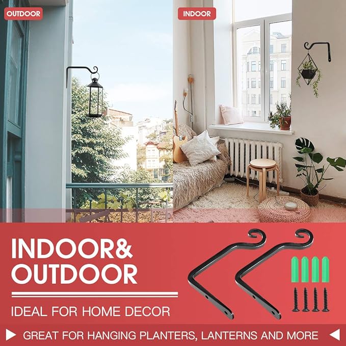 Jardim 2 Pack 6 Inch Premium Decorative Metal Iron Wall Hook, Indoor Outdoor Plant Hanger, Rustic Hanging Gardening Bracket Hook, for Planters, Bird Feeders, Lanterns, Wind Chimes (Black)