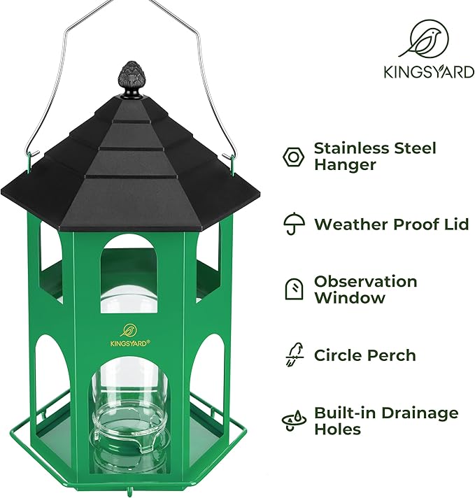 Kingsyard Metal Bird Feeder for Outdoor Hanging, Wild Bird Feeders with Circular Perch, Easy to Clean & Refill, 4 lbs Large Seed Capacity, Green