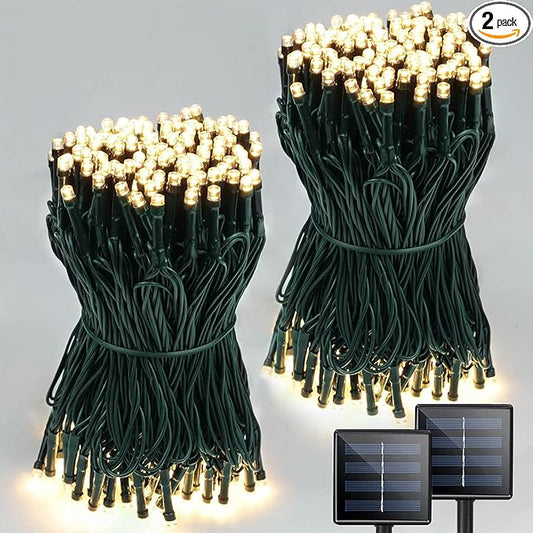 2-Pack Solar String Lights for Outside, Total 400 LED Solar Christmas Lights Outdoor Waterproof, Green Wire Solar Tree Light with 8 Lighting Modes for Xmas Wedding Party Garden Decoration(Warm White)
