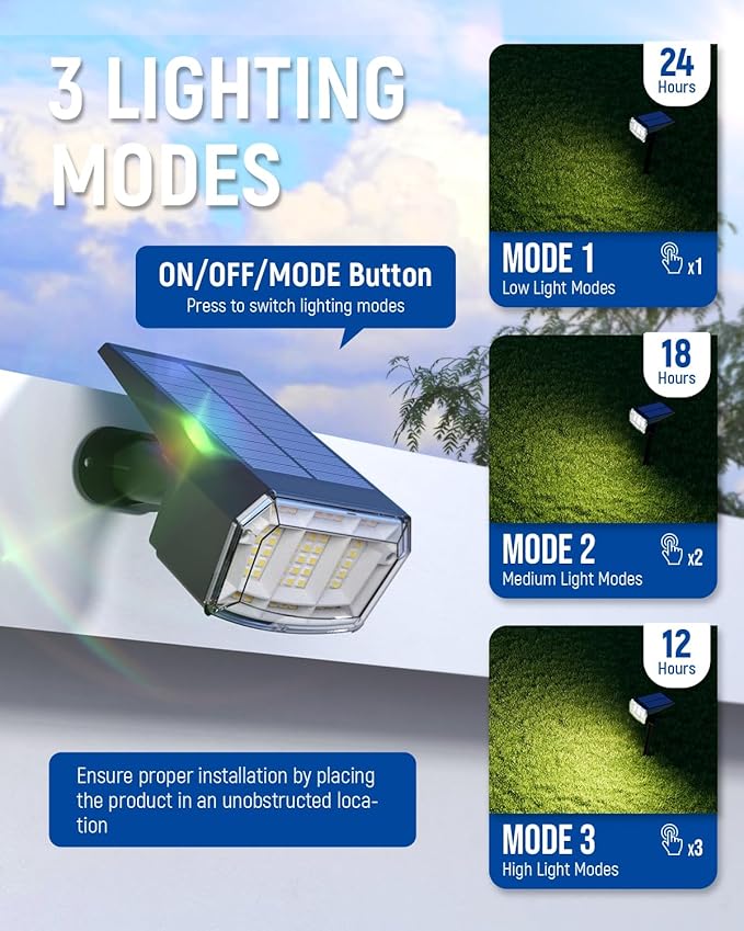 Solar spotlights Outdoor 63 LED 3 Lighting Modes, IP65 Waterproof Lighten Yard Garden House Garage Pathway for Christmas Decorations-2 Pack
