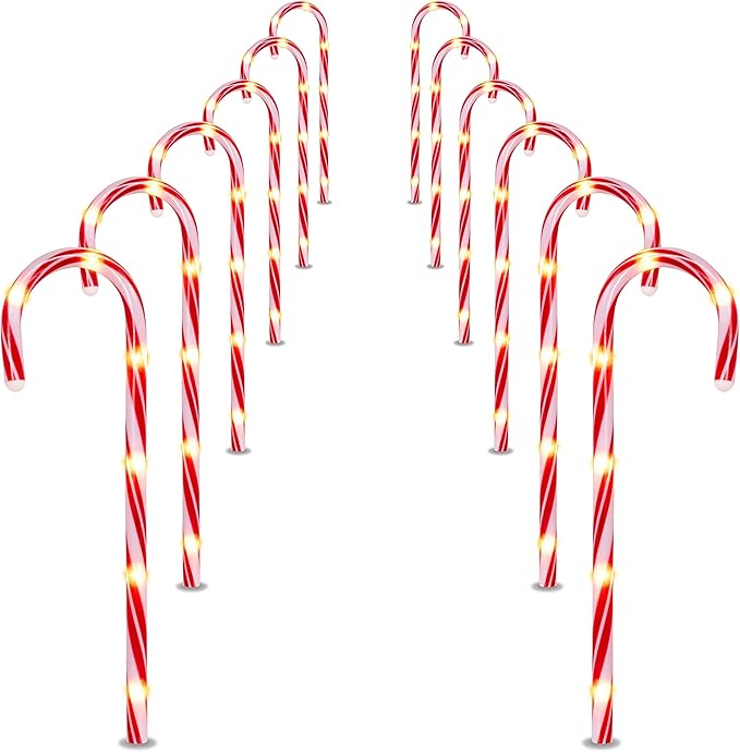 Joiedomi 17” Christmas Candy Cane Pathway Markers Lights with Stake, Set of 12 Christmas Candy Cane Stakes Lights for Christmas Party Walkway Patio Garden Holiday Outdoor Decoration