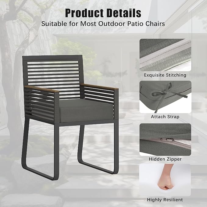 Favoyard Outdoor Chair Cushion 16 x 17 x 3 Inch Rainproof & 3-Year Fade Resistant Patio Furniture Cushions with Removable Cover and Adjustable Ties for Garden Sofa Couch Pads Set of 2, Dark Gray
