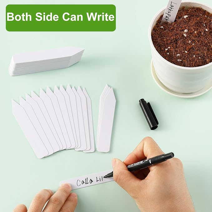 300 Pcs Plant Labels, 4 Inch Plastic Potted Plant Name Tags, Seedlings Seed Label Markers Nursery Plant Stake Tag with Bonus Marking Pen for Outdoor Indoor Garden Patio Flower Vegetable, White