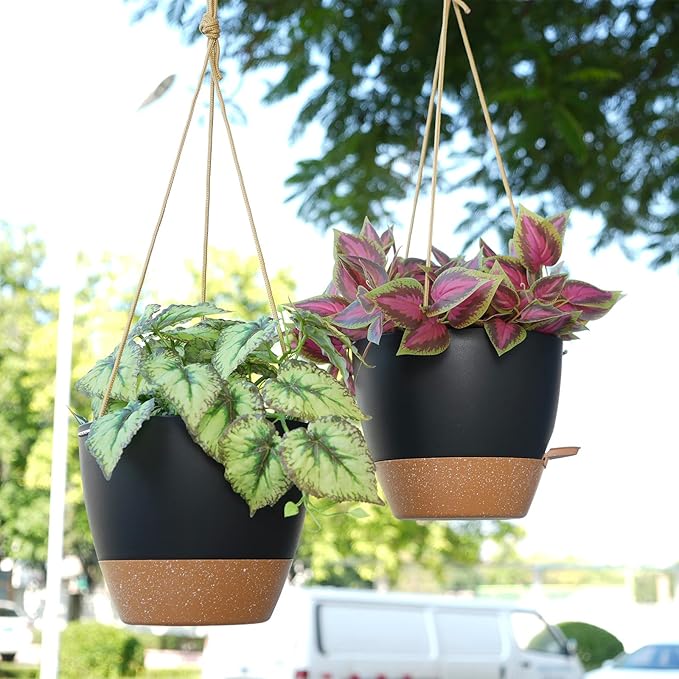 10 Inch Self Watering Hanging Pots, 2 Pack Hanging Planters with 40oZ Deep Reservior for Indoor Outdoor Plants Flowers, Black with Brown