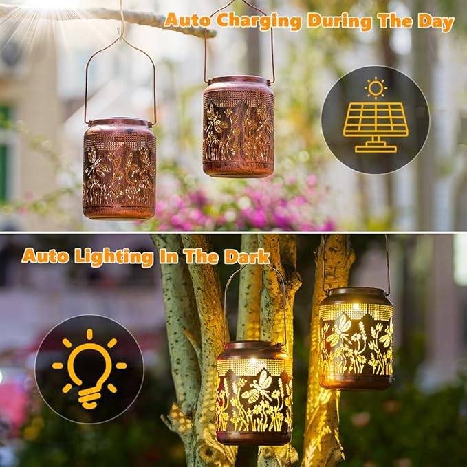 2 Pack Dragonfly Solar Lanterns Outdoor Waterproof 6.9" Metal Hanging Solar Lights Outdoor LED Light Dragonfly Decorative Lantern for Patio,Porch,Yard,Garden Decor,Birthday Gifts for Women Mom